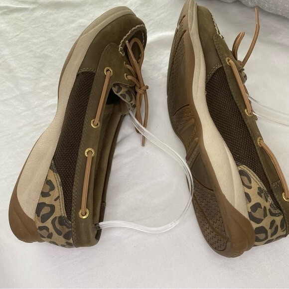 Sperry Top Sider Leather Tan Brown Boat Shoe with Animal Print Accent Size 8.5M - Picture 7 of 14